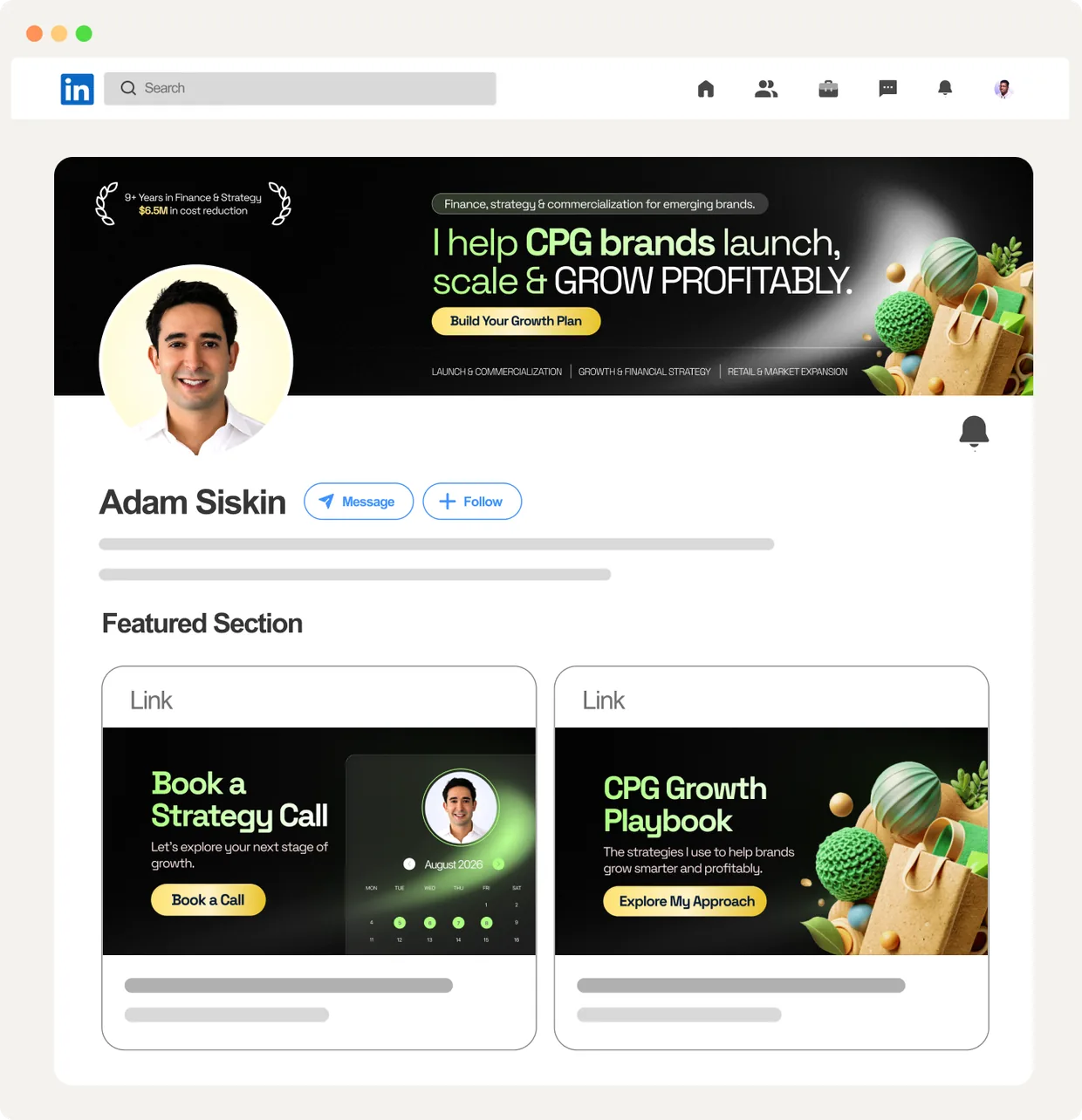 After: Adam Siskin's rebuilt LinkedIn profile with a positioned banner and designed Featured thumbnails