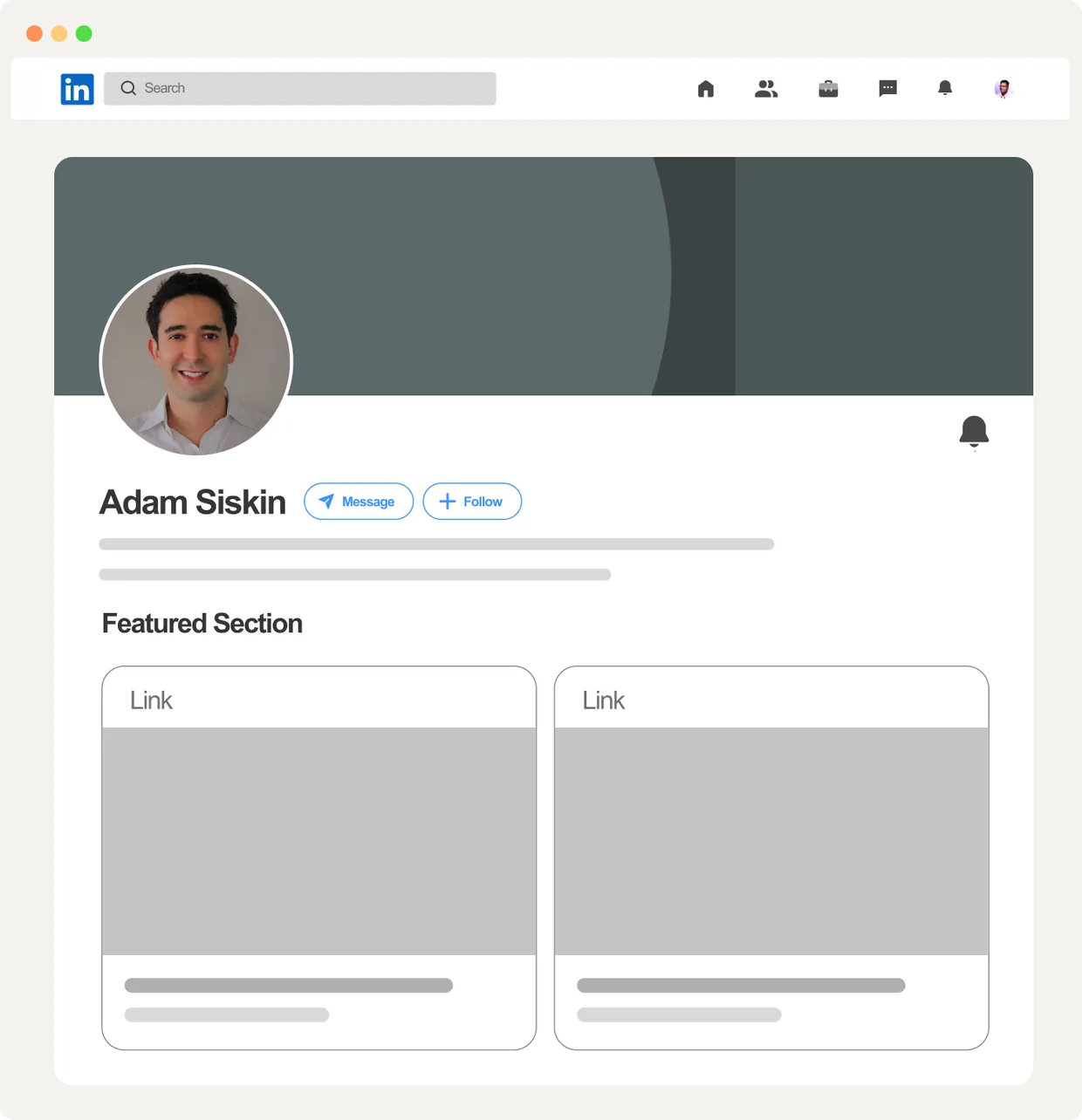 Before: Adam Siskin's LinkedIn profile with a plain grey banner and an empty Featured section